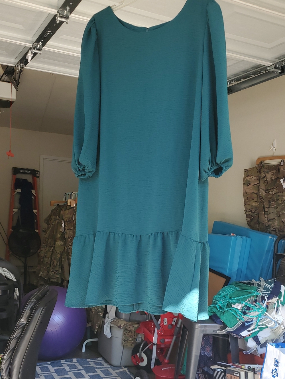 Green DKNY Puff-Sleeve Ruffle Hem Dress